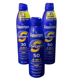 Lot of 3 Coppertone Sport Sunscreen‎ Spray SPF 30/50 4-in-1 Performance Value Sz